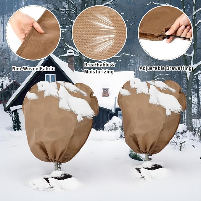 12 Pcs Winter Plant Covers Freeze Protection Reusable Plant Protector Bag with Drawstring Warm Shrubs Cover Frost Protection Planting Jacket Bags for Outdoor Garden, Brown (23.6 x 31.5 Inch)