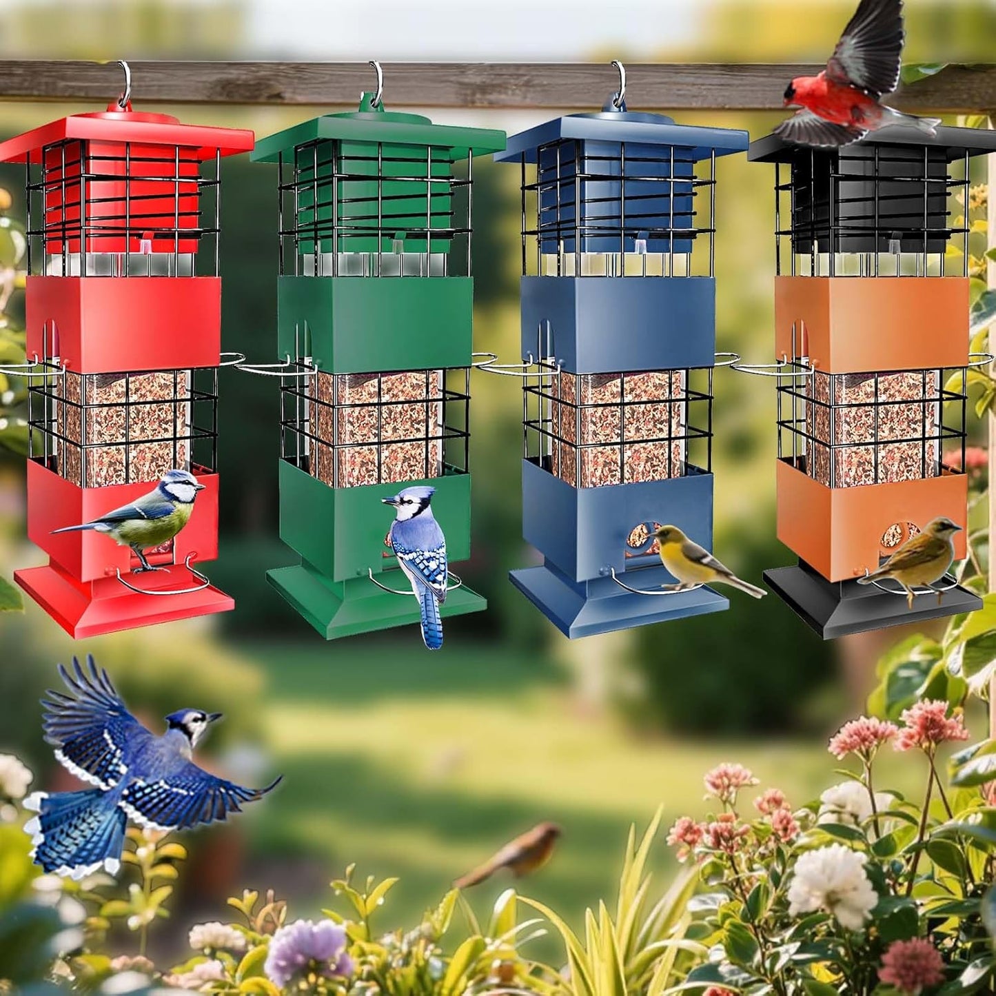 Squirrel Proof Bird Feeder,3Lbs Metal Birdfeeders Squirrel Proof with 4 Feeding Ports forOutdoors Hanging, Birdseed Feeder for Cardinal, Sparrow,Bluejay,Outside (Blue)