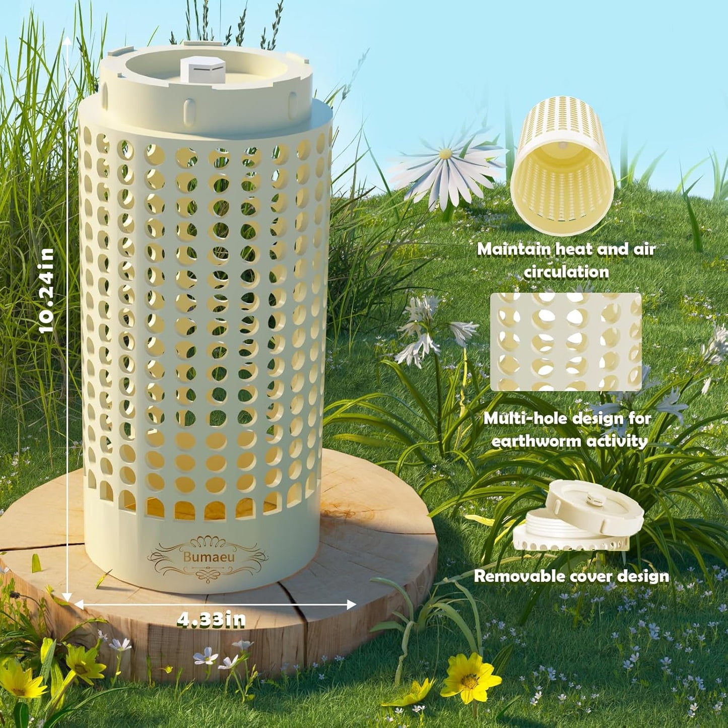 Underground Worm Farm, Garden Mini vermicomposting bin for use in Outdoor Gardening from Kitchen Food Waste, with Holes and lid, White (10.2x4.3x4.3IN)