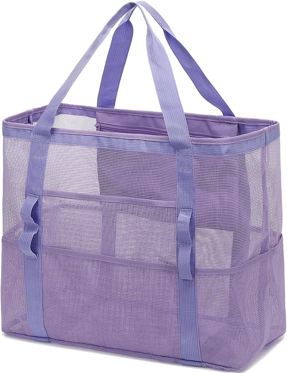Mesh Beach Bag, Large Beach Tote with Zipper Pocket for Family Pool Bag for Toys & Vacation Essentials