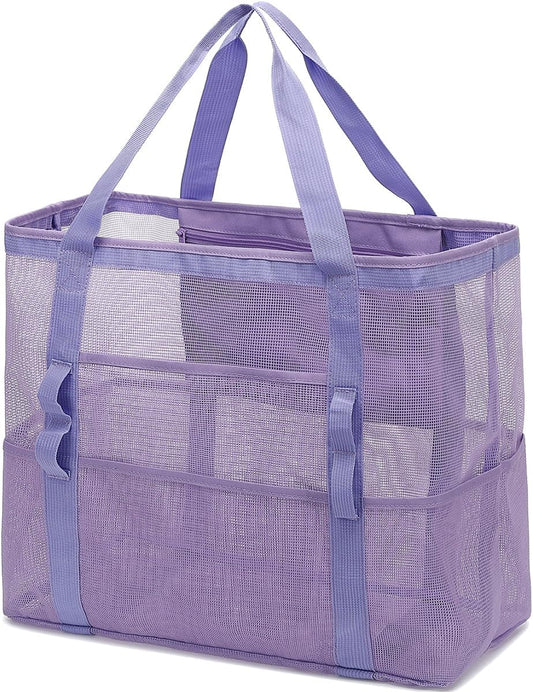 Mesh Beach Bag, Large Beach Tote with Zipper Pocket for Family Pool Bag for Toys & Vacation Essentials