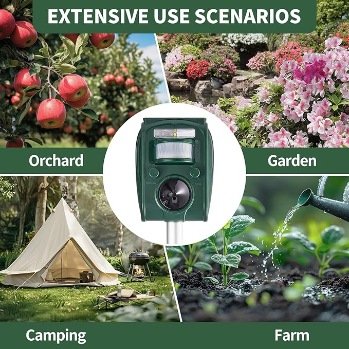 Upgraded Solar Ultrasonic Deer Repellent Devices Motion Detection 5 Adjustable Modes, LED Waterproof Cat Repellent Outdoor, Squirrel Raccoon Rabbit Dog Repellent Deterrent for Yard Farm Garden, 1P