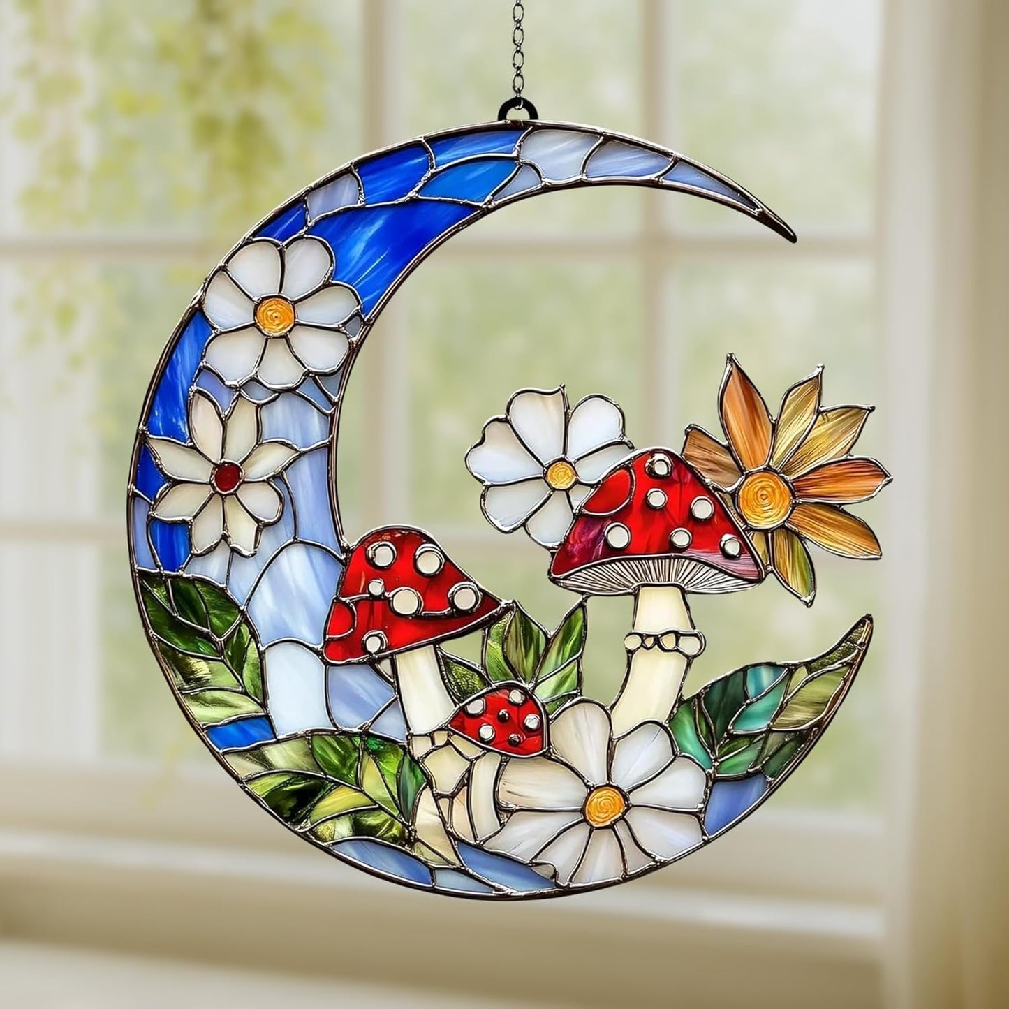 Mushroom Crescent Moon Boho Acrylic Suncatcher Stained Glass Effect Window Car Hanging Christmas Ornament Indoor Outdoor Decor Garden Sun Catcher Gifts for Bohemian Lover Gift for Women Mom Grandma