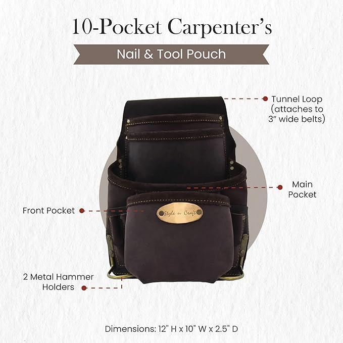 Style n Craft 10-Pocket Carpenter’s Nail & Tool Pouch, Heavy-Duty Leather Tool Pouch, Perfect and Durable Oiled Full-Grain Leather Pouch, Dark Brown (90926)