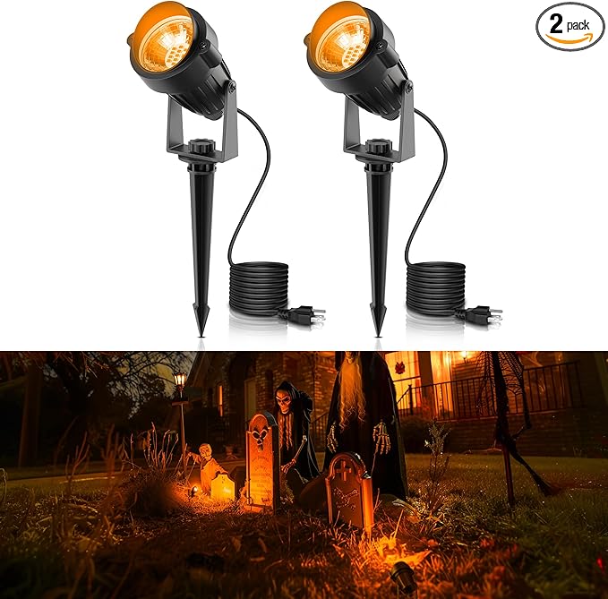 LOHAS Landscape Orange Halloween Spot Lights Outdoor, 10W Dusk to Dawn Sensor LED Spotlights for Yard, IP66 Waterproof Pathway Outside Lights, 9.84-ft Cord, Orange Lawn Decor Lamp, UL Listed,2 Pack
