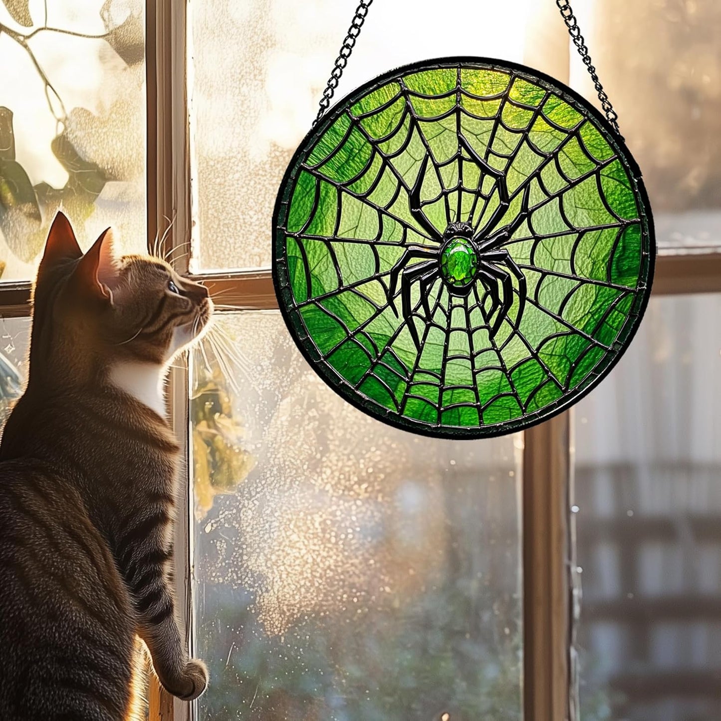 Stained Glass Window Hanging - Black Green Horror Spider Web Suncatcher for Doors Garden Patio Sun Catchers Decor Christmas Halloween Birthday Gifts for Women Men Mom Nana Friend 9.8 in