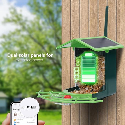 Bird Feeder with Camera, AI Birds Identification, Solar Powered, Live View, Instant Alerts, Capture Bird Videos, 2K HD Camera, Ideal Gift for Family and Enthusiasts (Green)
