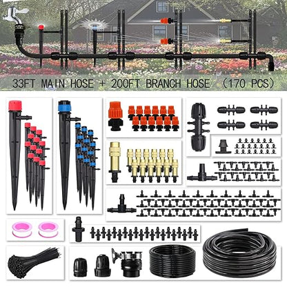 Drip Irrigation Kit, MUCIAKIE 233FT Irrigation System, Automatic Patio Misting Plant Garden Watering System with 1/4 inch 1/2 inch Black Distribution Tubing Hose Adjustable Nozzle Emitters Sprinkler