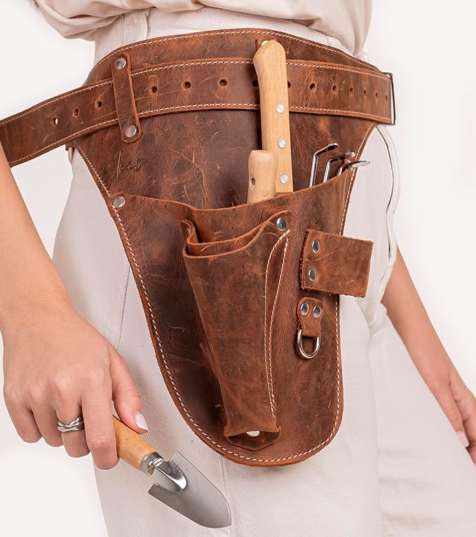 Garden Florist Tool Belt for Men | Leather Tool Belt for Women | Handmade Belt for Gardener, Electrician, and Carpenter | Leather Florist Belt (Brown CrazyHorse) (Brown with engraving, one size)