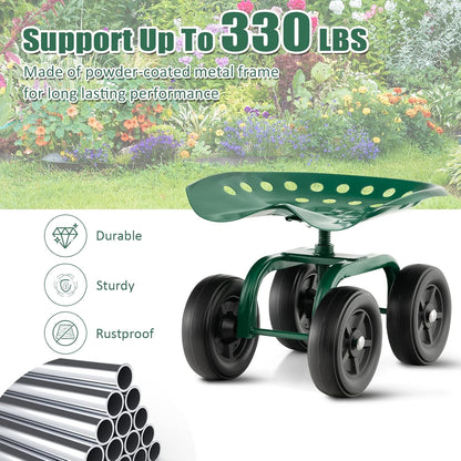 Goplus Garden Cart with Wheels, Utility Stool Cart w/Adjustable 360 Degree Swivel Seat, Outdoor Lawn Yard Rolling Work Seat, Garden Scooter for Planting (Green)