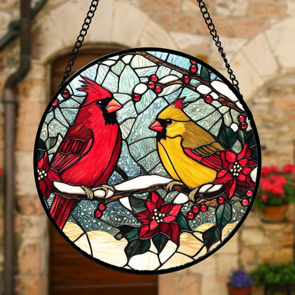 Stained Glass Window Hanging, Love Birds Cardinals Sun Catchers Colorful Glass Panel Birds Suncatcher Decor for Birthday for Women, Men, Wife, Lovers, and Mom 14.9x14.9 in