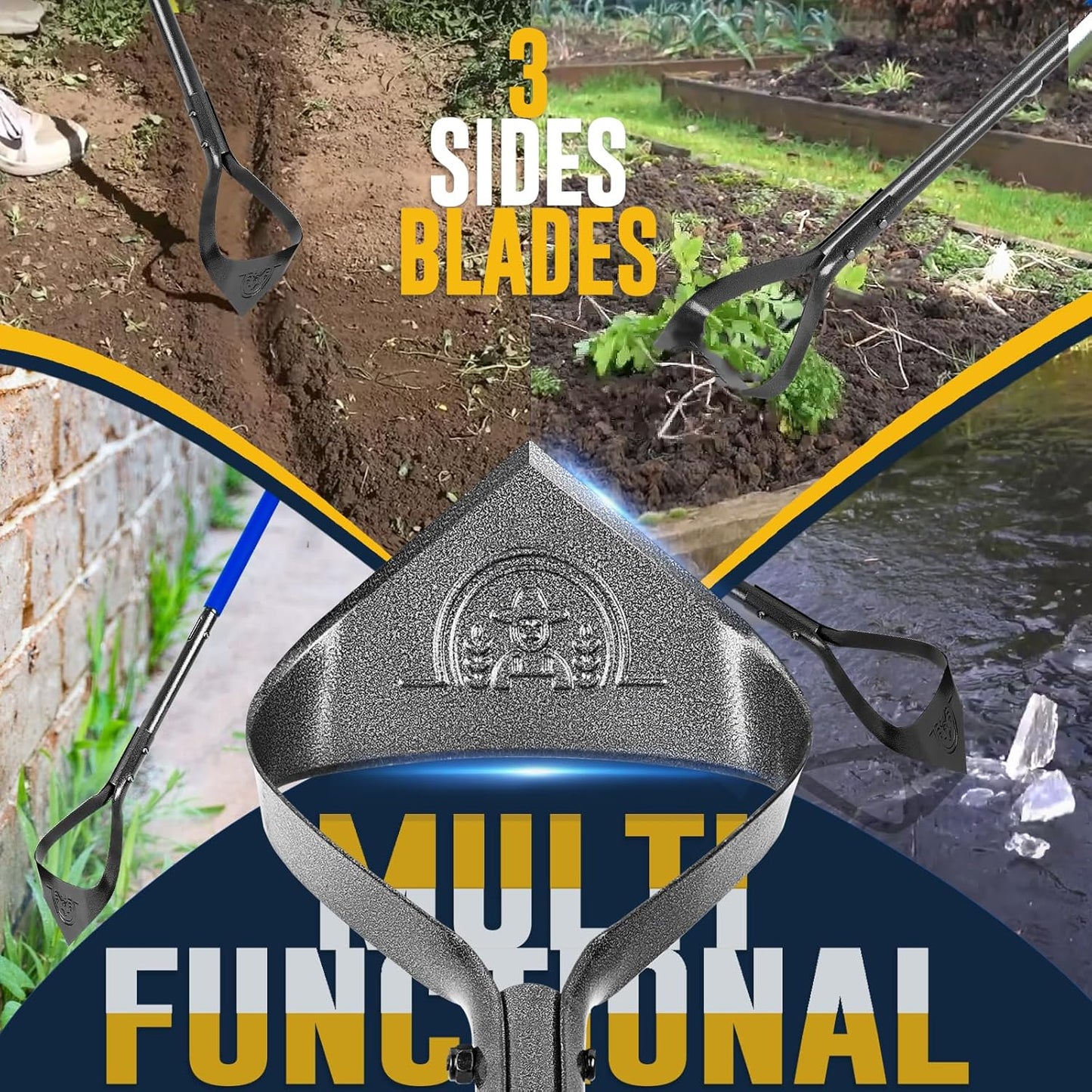 Hoe Garden Tool, Heavy Duty Triangle 52.7" Manual Weeder with Long Handle, Carbon Steel Weed Removing Action Hoe Cultivator for Weeding, Digging, Loosening Soil, Hoeing, Edging