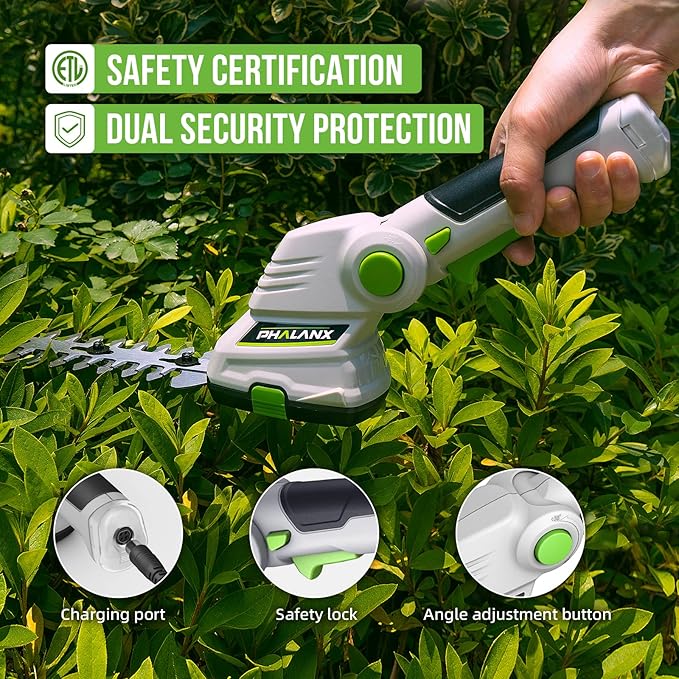 PHALANX Cordless Grass Shears 2-in-1 Handheld Hedge Trimmer,7.2V Electric Grass Trimmer Turnable Handle, Rechargeable Lithium-Ion Battery and Charger Included for Lawn/Garden