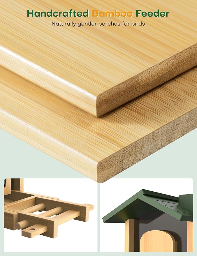 Bird Feeder with Camera: 160° Wide View & 2.5K Live Video, AI Auto Identify 12000+ Birds Species, Instant Arrival Alerts, Eco Natural Bamboo Build, Solar Smart Bird Feeders for Outdoors