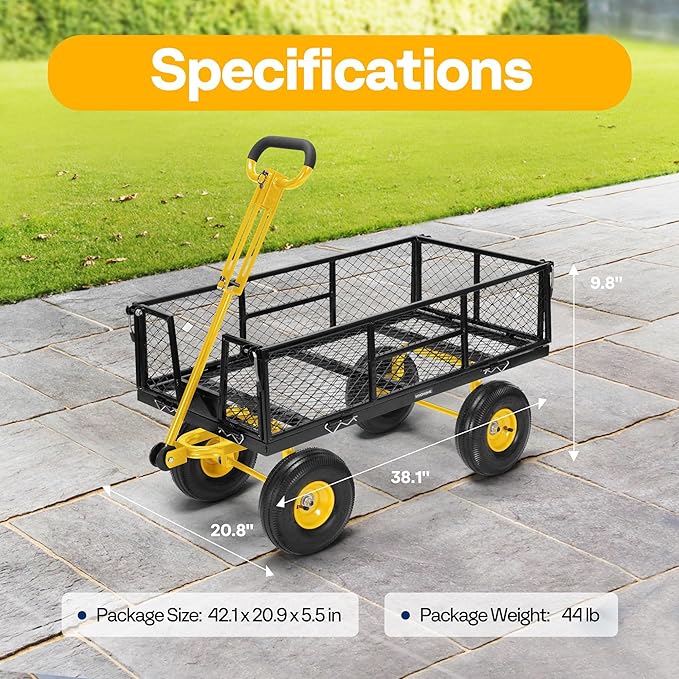 VIVOHOME Garden Cart Steel Heavy Duty 900 LBS Yard and Garden Wagon with 10 inch Tire and Handle Attach to ATV or Tractor Black