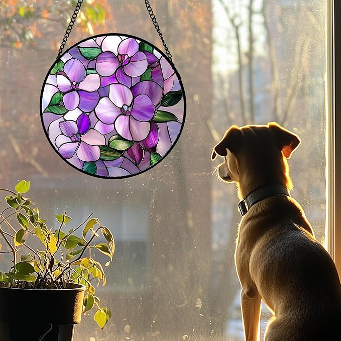 Stained Glass Window Hanging 4 Pcs Set Purple Flower Theme 7.8" - Tulip Suncatcher Door Garden Sun Catcher Decor Birthday Christmas for Plant Lovers Woman Nana Men