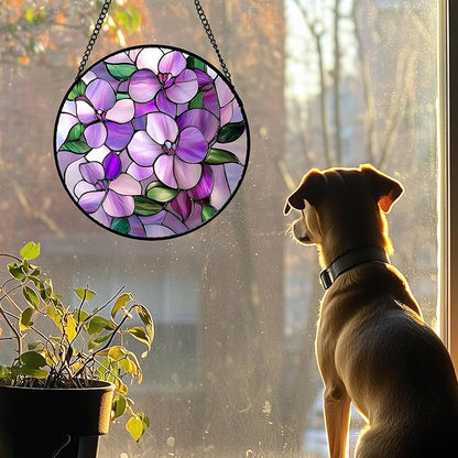 Stained Glass Window Hanging 4 Pcs Set Purple Flower Theme 7.8" - Tulip Suncatcher Door Garden Sun Catcher Decor Birthday Christmas for Plant Lovers Woman Nana Men