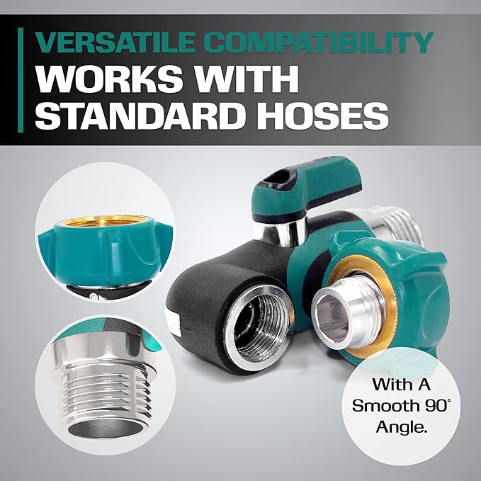 2WAYZ 90 Degree Hose Elbow Angle Connector with Shut Off Valve - 2025 Heavy Duty Model, Water Tube Fittings, 90 Degree Elbow with Two Shut Offs, Compatible with Garden Hose and Spigot - Green