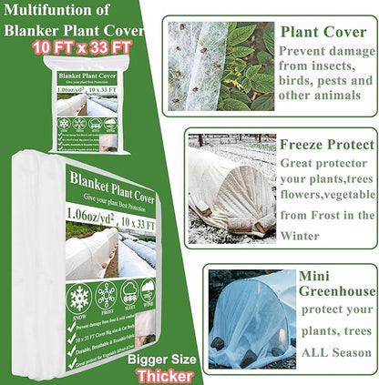 Plant Covers Freeze Protection 10 x 33Ft with 20 Stainless Steel Clips- Frost Cloths Plant Blankets Floating Row Cover for Outdoor Plants Winter Raised Bed Greenhouse Frost Sun Protection