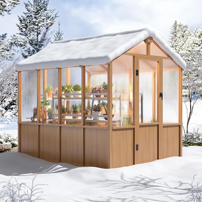 6x8 FT Greenhouse, 6MM Thick Polycarbonate Panel Wooden Walk-in Green House with Adjustable Roof Vents and Lockable Door,Garden Backyard, Patio, Lawn, Brown