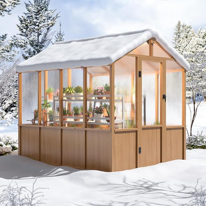 6x8 FT Greenhouse, 6MM Thick Polycarbonate Panel Wooden Walk-in Green House with Adjustable Roof Vents and Lockable Door,Garden Backyard, Patio, Lawn, Brown