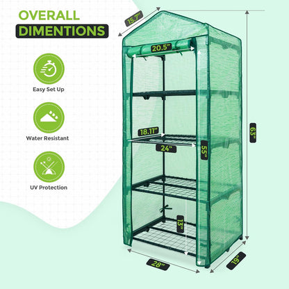 EAGLE PEAK 4-Tier Mini Greenhouse Portable Green House with Shelves & Weather-Resistant PE Cover, Small Greenhouse for Seedlings & Gardening Gifts, 27x19x64 in, Clear/Green