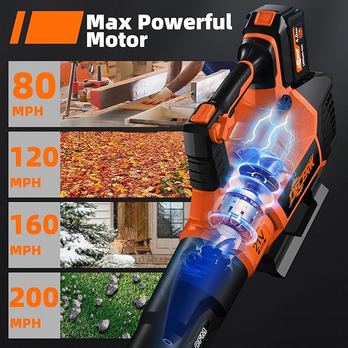 21V Leaf Blower Cordless, Electric Snow Blowers with 2X 4.0Ah Battery, Lightweight Blower with Turbo Button, Variable Speed Dial, and Cruise Control for Sidewalks, Garages, Yards & Patios