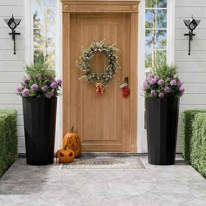 23.6" Tall Planters for Outdoor Plants, Large Outdoor Planters for Porch Decor with Drainage Hole, Wide Stripe Design Flower Pots Fits Indoor Plants Patio/Garden, Plastic Black (2 Pack)