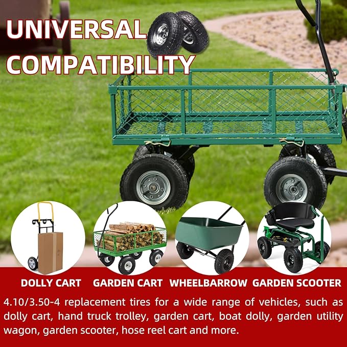 10" Replacement Tire and Wheel 4.10/3.50-4",10 inch Pneumatic Utility Tires for Gorilla Cart, Dolly, Hand Truck, Lawnmower, Garden Wagon with 5/8” Axle Bore Hole - Double Sealed Bearings (2 pack)