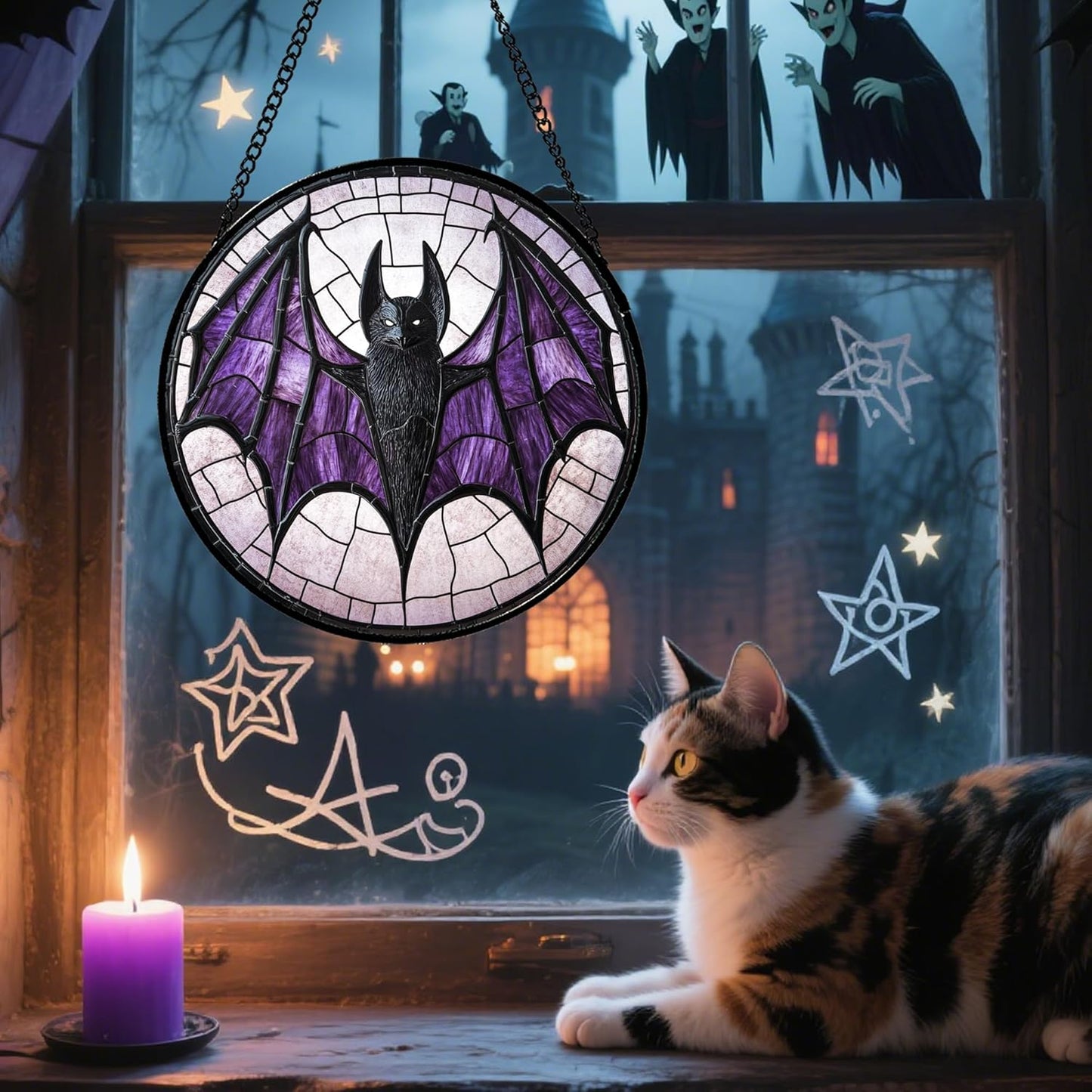 Stained Glass Window Hanging - Halloween Black Bat Purple Wings Monster Suncatcher for Doors Garden Home Spooky Sun Catchers Gothic Decor Horror Gift for Women Men Friend Boy Girl 11.8 in