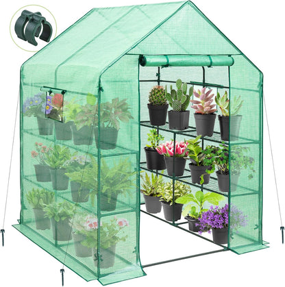 EAGLE PEAK Walk in 3-Tier Greenhouse with Wire Shelves, Portable Indoor and Outdoor Green House with Roll-Up Zippered Door & 2 Roll Up Windows, 8 Shelves, 56"x56"x77", Clear/Green PE Cover