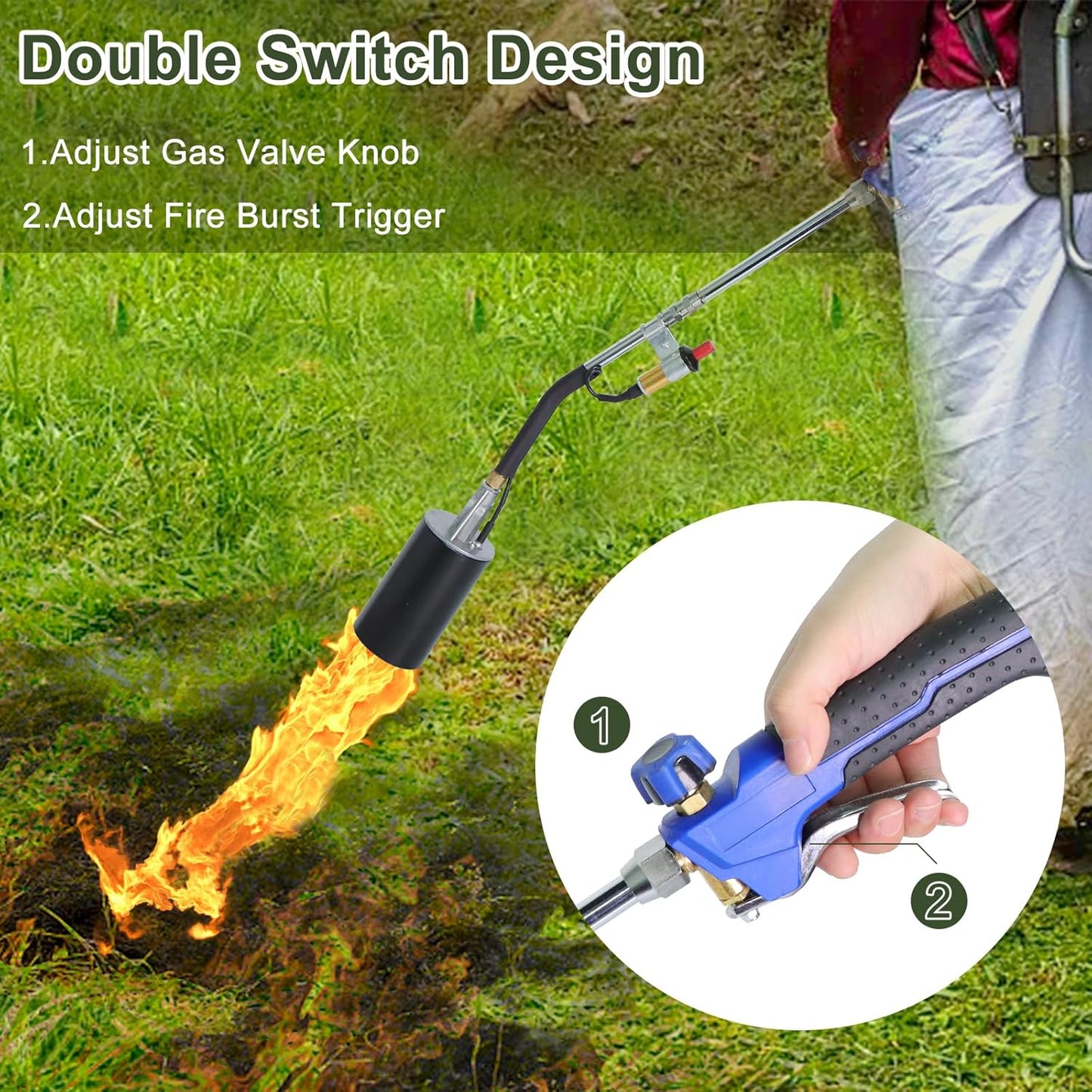 Propane Torch Weed Burner Kit, Weed Torch with 1lb Propane Cylinder Converter, Output 1,200,000 BTU,10FT Hose, Heavy Duty Blow Torch with Self Igniter,Flame Thrower for Weeds, Garden,Snow Melting