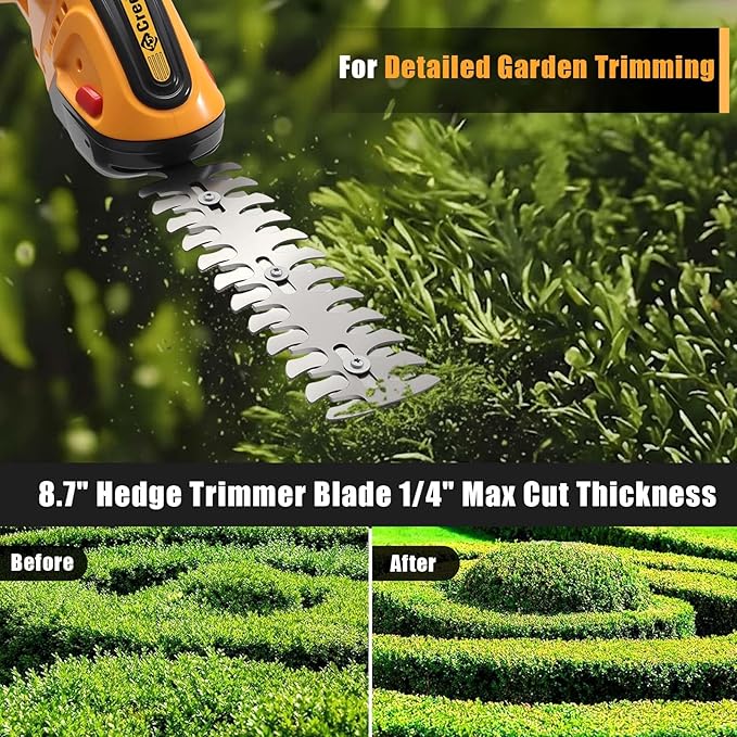 Cordless Hedge Trimmer, 2-in-1 Handheld Electric Hedge Trimmer/Grass Shears for Garden,Yard and Lawns, Shrub Trimmer with 2 PCS Rechargeable Battery&Charger (Yellow)