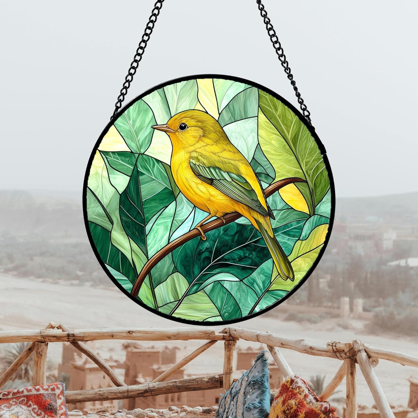 Stained Glass Window Hanging 4 Pcs Set Green Plants Animals Theme Large 11.8" - Bird Tiger Suncatcher Door Garden Sun Catcher Decor Birthday for Mom Woman Nana Men Friend