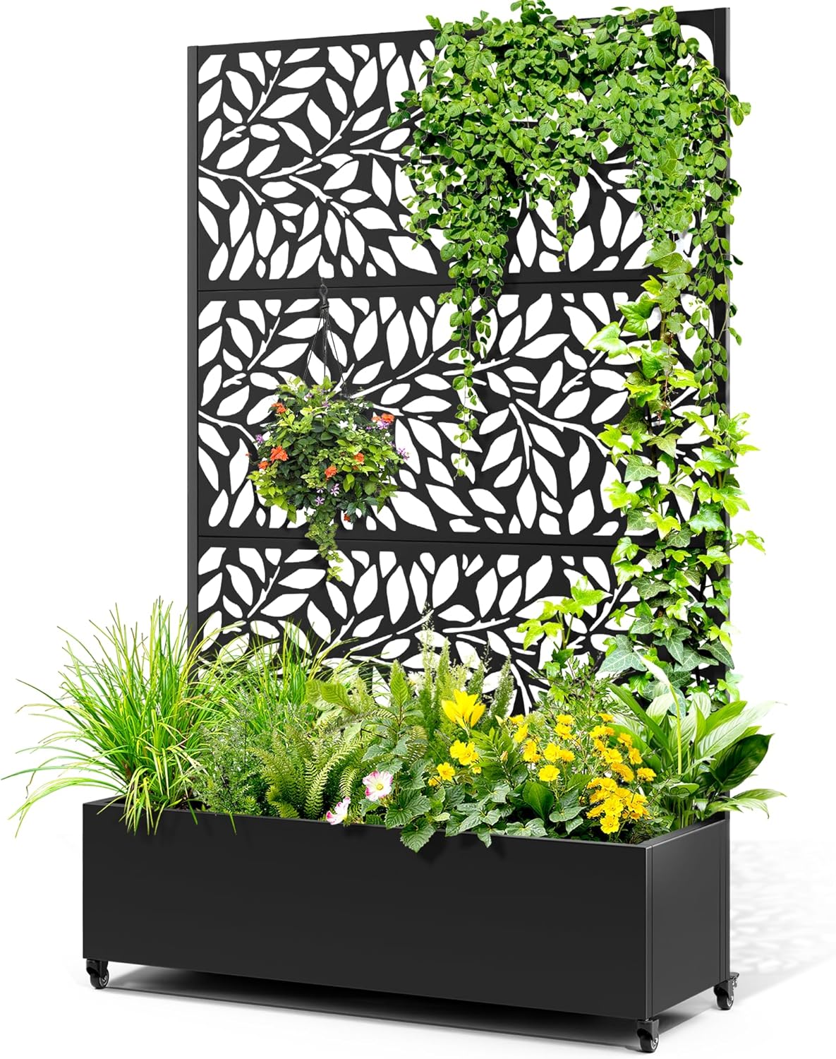 Metal Raised Garden Bed with Trellis, 2 in 1 Trellis with Planter Box & Privacy Screen for Climbing Plants, Vine, Outdoor Standing Flower Beds with Drainage Holes,47.2" L x 16.7" W x 70.8" H,(Black)