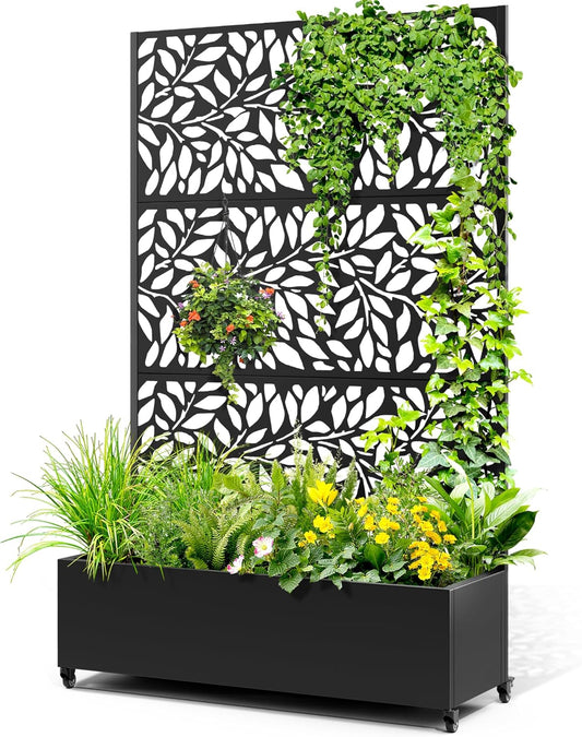 Metal Raised Garden Bed with Trellis, 2 in 1 Trellis with Planter Box & Privacy Screen for Climbing Plants, Vine, Outdoor Standing Flower Beds with Drainage Holes,47.2" L x 16.7" W x 70.8" H,(Black)