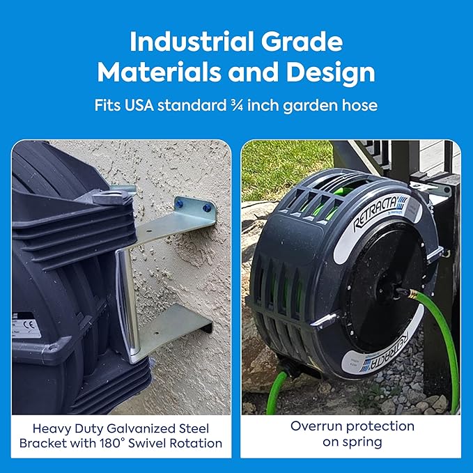 Macnaught Retractable Garden Hose Reel, 82 Ft Water Hose Reel Heavy Duty Retractable Hose with Metal 180° Swivel Rotation Bracket for Wall Mount - Gray