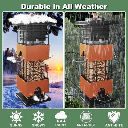 Squirrel Proof Bird Feeder,3Lbs Metal Birdfeeders Squirrel Proof with 4 Feeding Ports for Outside, Birds Seed Feeder for Outdoors, Cardinal, Finch, Sparrow (Brown)