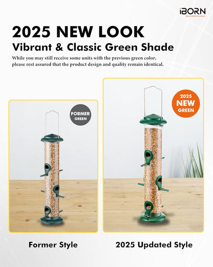 iBorn Metal Bird Feeders 6 Ports Hanging Wild Bird Seed Feeder for Mix Seed Blends, Niger Seed Feeder, Sunflower Heart, Birdbath, Heavy Duty All Metal Green Finishing 14 Inch 6Port