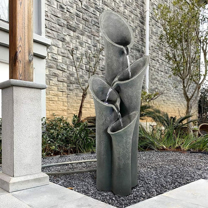 4-Tier Faux Stone LED Floor Fountain, 33.5 Inch Waterfall Outdoor Fountain LED Illuminated Water Feature for Patio Garden