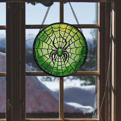 Glass Window Hanging - Black Green Horror Spider Web Suncatcher for Doors Garden Patio Sun Catchers Decor Christmas Halloween Birthday Gifts for Women Men Mom Nana Friend 15 in