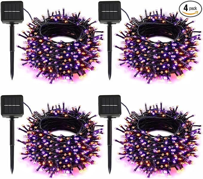 4-Pack Solar String Lights,156Ft Extra-Long 400 LED Waterproof Solar Halloween Lights, 8 Modes for Garden, Patio, Wedding (Purple & Orange)