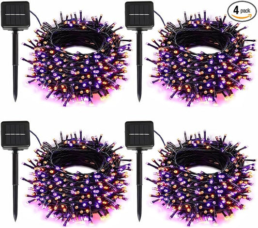 4-Pack Solar String Lights,156Ft Extra-Long 400 LED Waterproof Solar Halloween Lights, 8 Modes for Garden, Patio, Wedding (Purple & Orange)