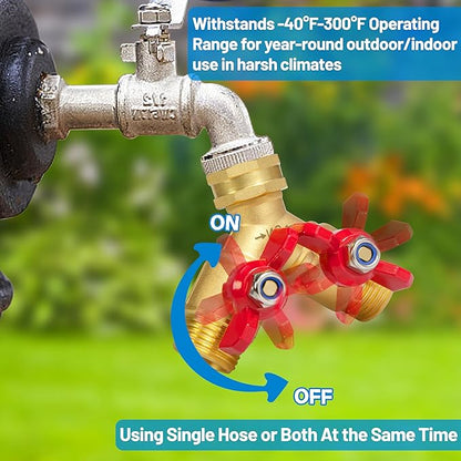 Garden Hose Splitter Full Flow, Brass Y Hose Splitter 2 Way Heavy Duty with Shutoff, Outdoor Water Faucet Splitter Hose Connector, Y Valve 3/4 Inch GHT Thread