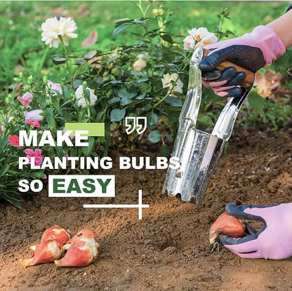 Haliaeetus Bulb Planter Tool, 4 inches Depth Mark Hand Bulb Planter, Non-Bending Stainless Steel Bulb Planter Digger, Garden Bulb Transplanter with Comfortable Wood Handle for Planting Tulip, Daffodil