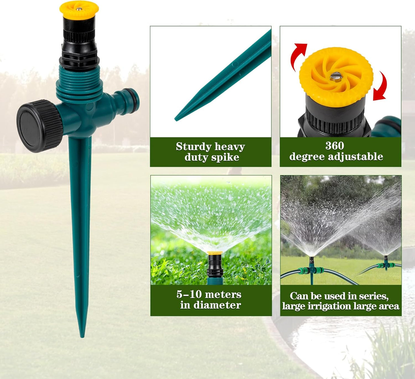 Above Ground Sprinkler System Irrigation for Garden Multi- Adjustable Lawn Sprinkler Set Ideal for Small Areas Plant and Flower Bed Watering, 50ft Green Garden Hose Included