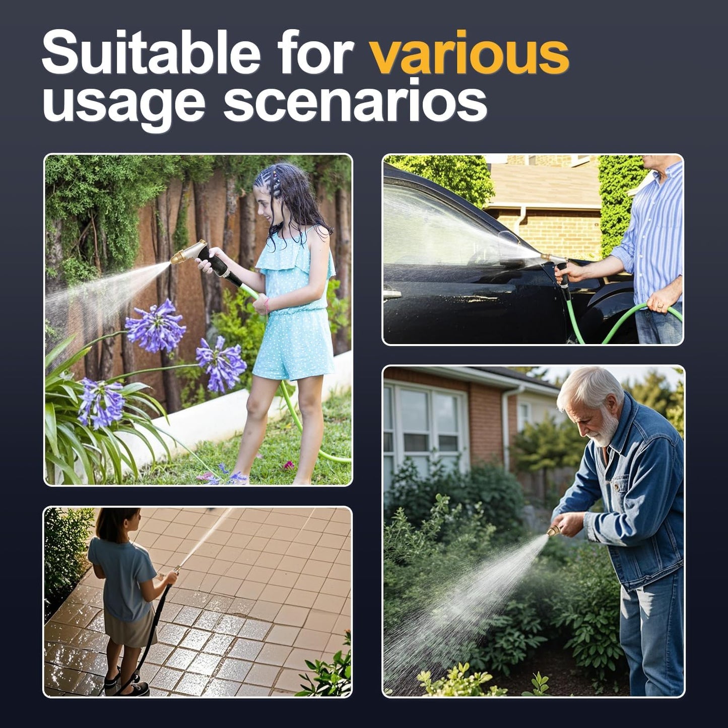 Garden Hose Nozzle, Heavy Duty Spray Nozzle for Watering, Water Nozzle with Adjustable Spray Patterns for Watering Plants, Car Washing, and Pet Showering (Gold)