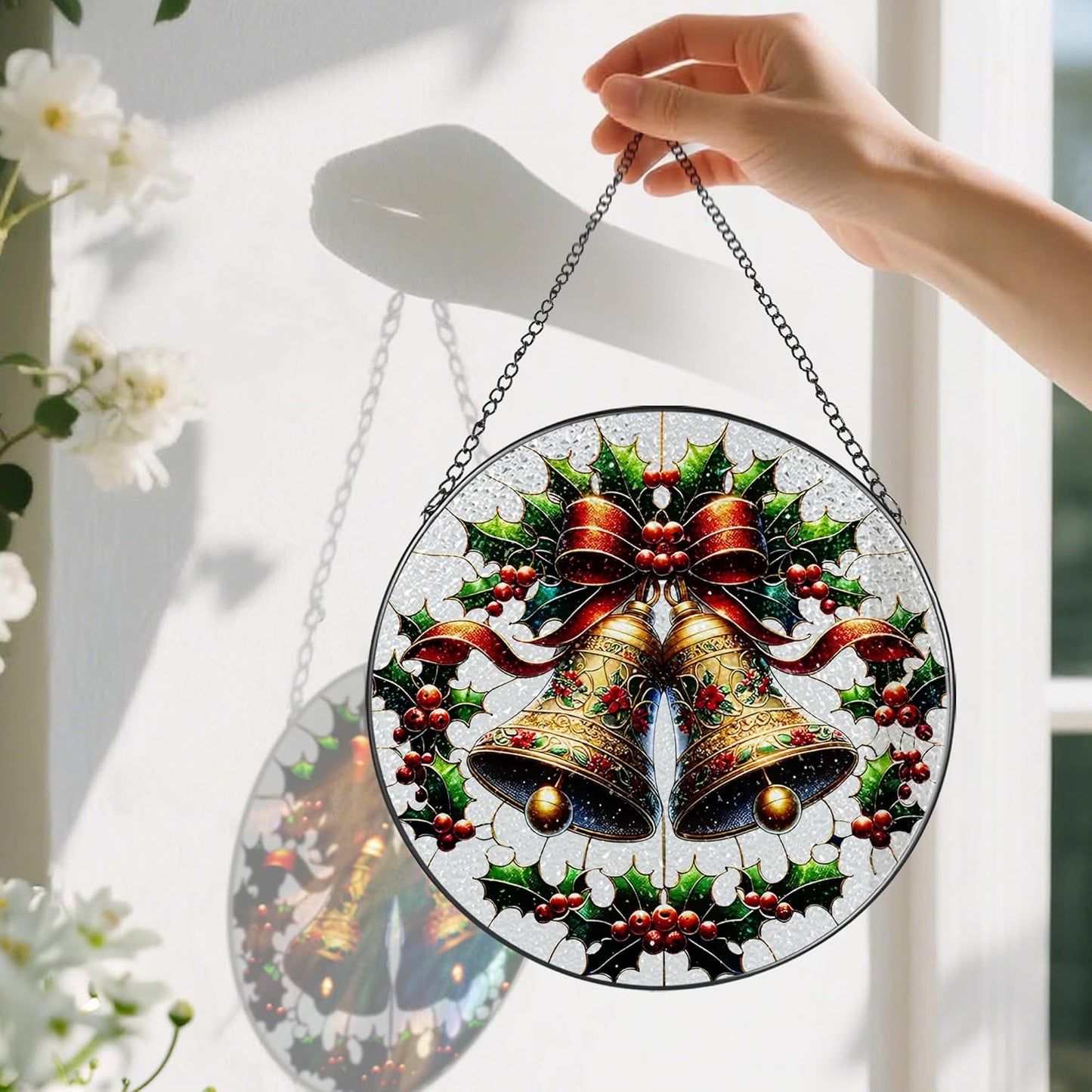 Stained Glass Window Hanging, Pauyadu Sun Catchers Indoor Window, Bells Christmas Suncatcher, Christmas Home Decor, Festive Gifts for Friends, Neighbor - 8 Inch
