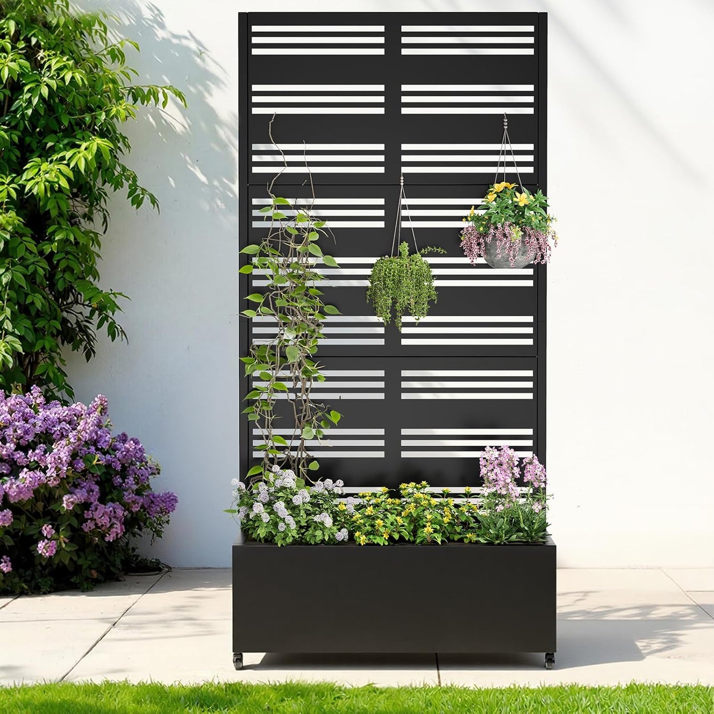 Metal Raised Garden Bed with Trellis & Wheels,72" x 35"x 15.7" Planter Box with Trellis,Privacy Planters for Patio,Garden Bed for Climbing Plants,Suitable for Climbing Plants and Vegetables,Black