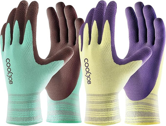 COOLJOB 2 Pairs Breathable Gardening Gloves for Women Medium, Stretch Soft Modal Base with Non Slip Rubber Coating, Palm Dipped Grip Work for Gardener Worker in Lawn Yard Factory Garden